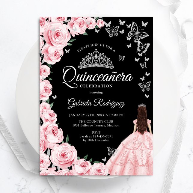 Convite Borboletas Florais de Prata Rosa Negra Quinceanera (Criador carregado)