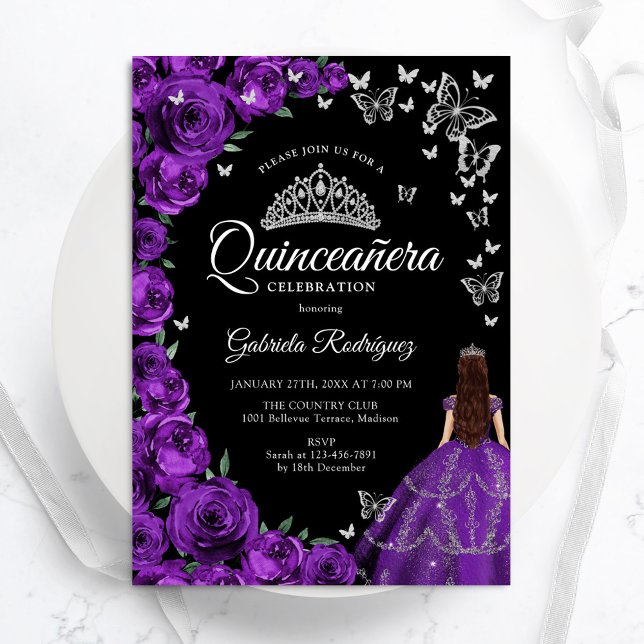 Convite Borboletas Florais de Prata Roxa Quinceanera (Criador carregado)