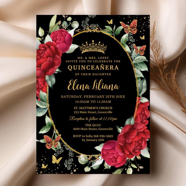 Convite Borboletas Florais Douradas Quinceañera (elegant red peonies floral flowers black background gold oval frame butterflies quinceanera invites)