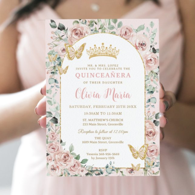 Convite Borboletas Florais Elegante Dourada Quinceañera (Criador carregado)