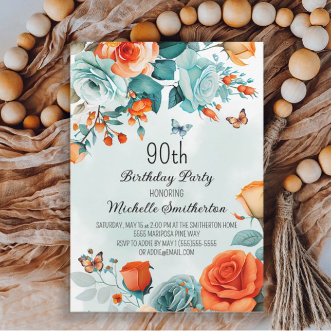 Convite Borboletas Florais Laranja Azul 90º Aniversário (Criador carregado)