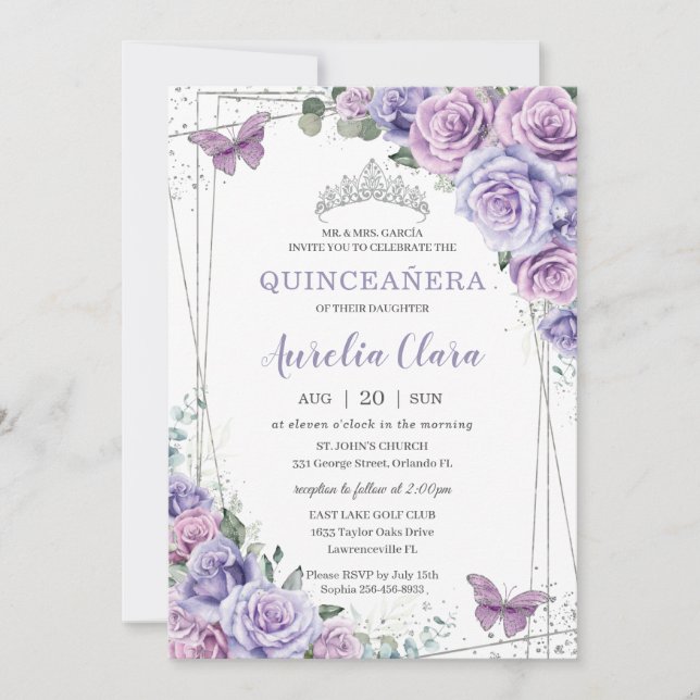 Convite Borboletas Florais Puras Lilás Silver Quinceanera (Frente)