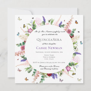 Convite Borboletas Florais Púrpuras Casuais Quinceañera