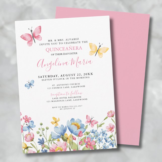 Convite Borboletas Florais Quinze Anos (Butterfly Floral Quinceanera Invitation)