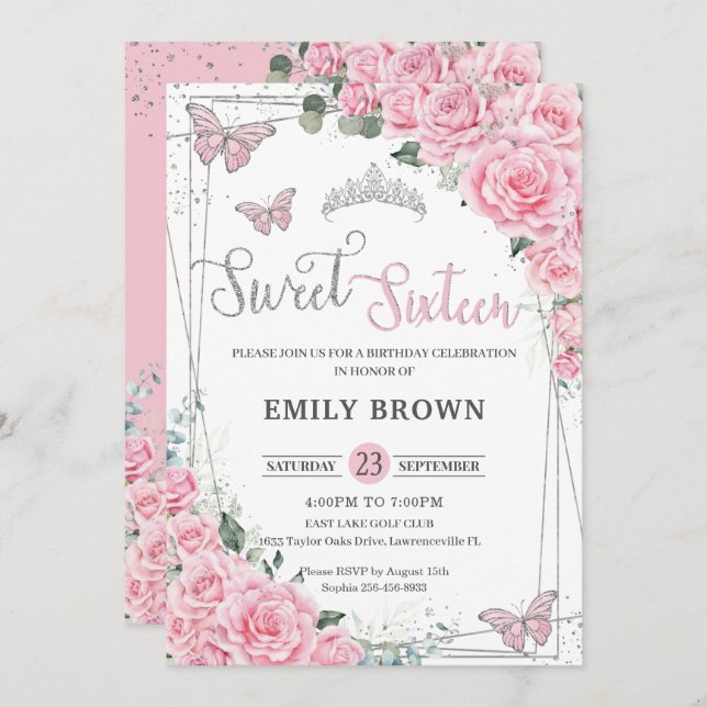 Convite Borboletas Florais Rosa Doce Dezesseis Dezesseis e (Frente/Verso)