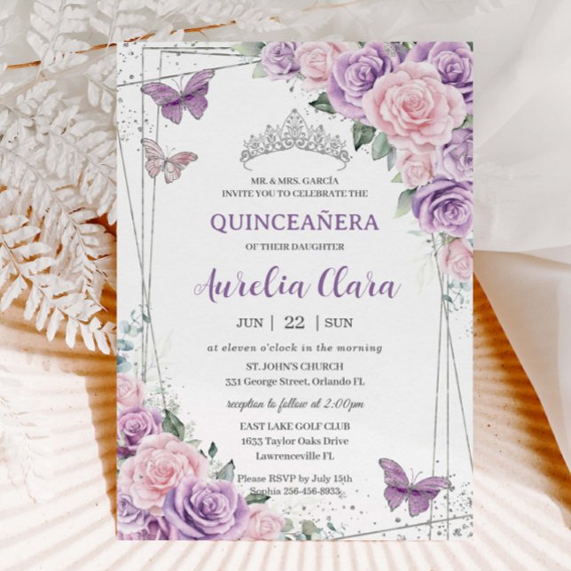 Convite Borboletas Florais Rosa-Puro Quinceañera (lavender-purple-lilac-pale-pink-flowers-floral-roses-silver-geometric-quinceanera-sweet-16-invites)