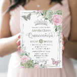 Convite Borboletas Florais Rosa Sage Silver Quinceanera<br><div class="desc">Este convite para a Quinceañera apresenta uma imagem geométrica de cinzas prateadas enfeitiçada por delicada cor d'água verde, rosa pálido floral, verde de sábio macio e borboletas de sábado e prata. Personalize-o com seus detalhes de forma fácil e rápida, basta pressionar o botão personalizar para reorganizar e formatar o estilo...</div>