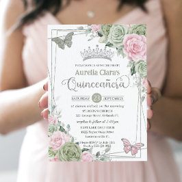 Convite Borboletas Florais Rosa Sage Silver Quinceanera