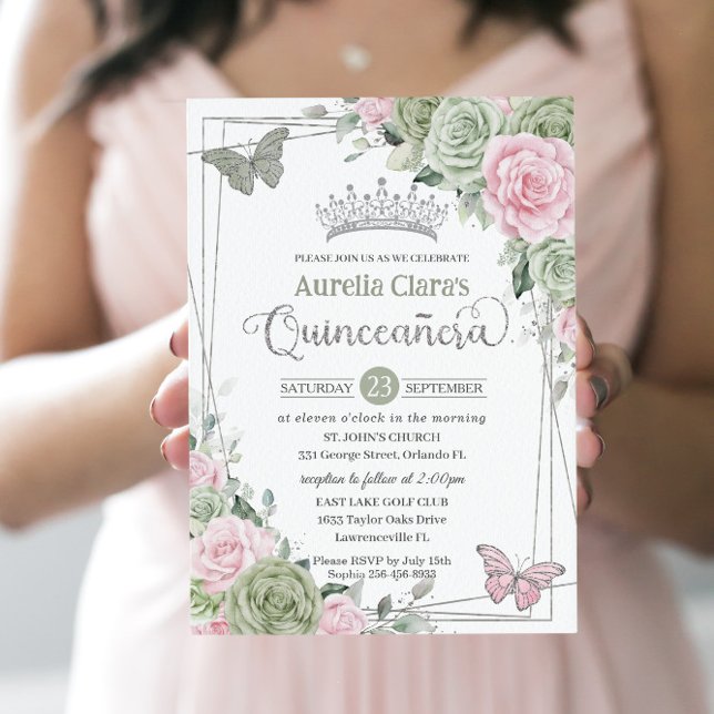 Convite Borboletas Florais Rosa Sage Silver Quinceanera (Criador carregado)