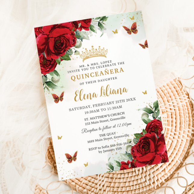 Convite Borboletas Florais Rosa vermelha Quinceañera Sweet (bright-red-roses-flowers-gold-butterflies-princess-crown-quinceanera-sweet-16-birthday-invites)