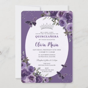Convite Borboletas Florais Roxas Escuras Silver Quinceañer