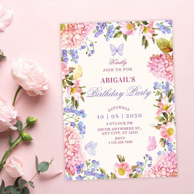 Convite Borboletas florais roxas rosa de aniversário (Criador carregado)