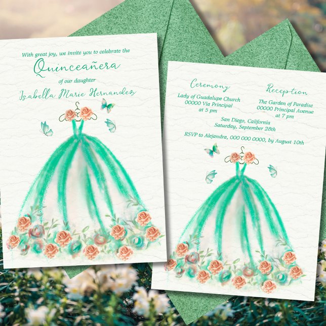 Convite Borboletas Florais Verdes Elegantes Quinceañera (Criador carregado)