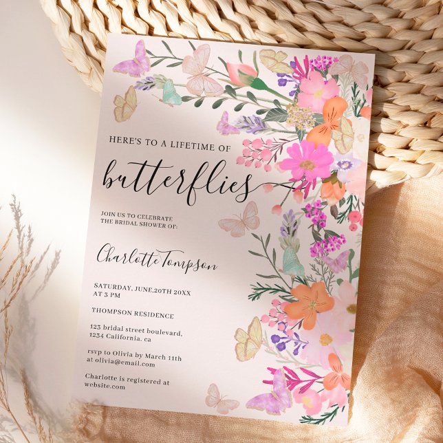 Convite Borboletas flores-chic primavera chá de panela (Butterflies chic wildflowers spring bridal shower invitation)