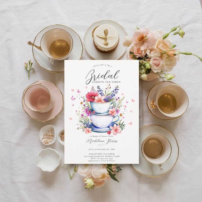 Convite Borboletas Flores Selvagens Chá de panela de Tea G (bridal garden tea party invitation wildflowers butterflies tea set elegant boho romantic)