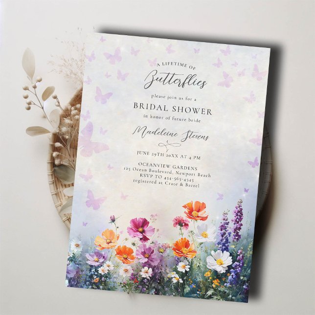 Convite Borboletas Flores Selvagens Chá de panela do Jardi (lifetime butterflies bridal shower invitation brunch tea pink purple mauve lilac wildflowers garden )