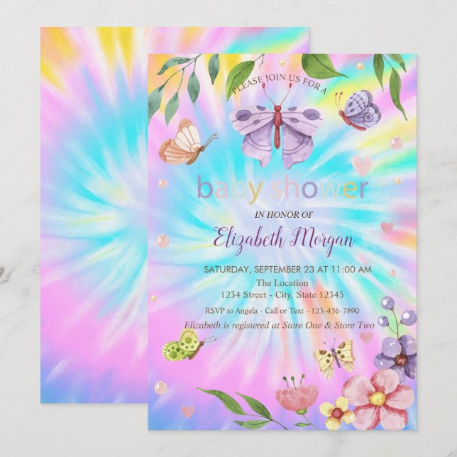 Convite  Borboletas Flores Tie Dye Chás de Bebê  (Frente/Verso)