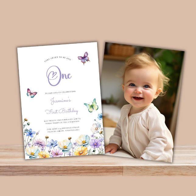 Convite borboletas giro primeiro aniversario (cute wildflower double sided fully editable first birthday card)