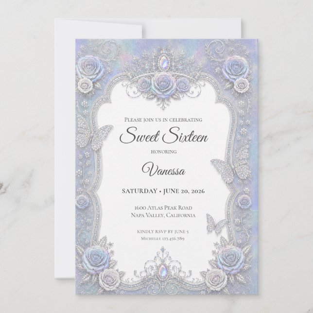 Convite Borboletas Iridescentes Elegantes Sweet 16 (Frente)