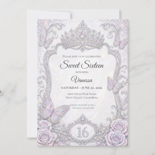 Convite Borboletas Iridescentes Elegantes Sweet 16 (Frente)