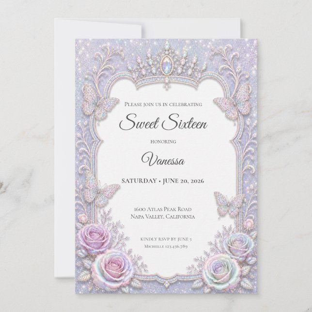 Convite Borboletas Iridescentes Elegantes Sweet 16 (Frente)