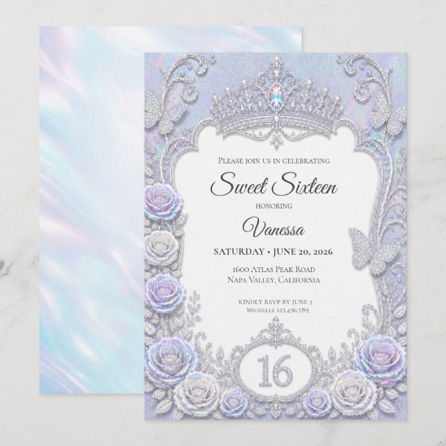 Convite Borboletas Iridescentes Elegantes Sweet 16 (Frente/Verso)