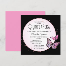 Convite Borboletas Negras cor-de-rosa Estrelas Quinceañera