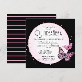 Convite Borboletas Negras cor-de-rosa Estrelas Quinceañera