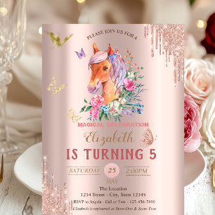 Convite Borboletas Pretty Pony Rose Gold Drips Aniversário