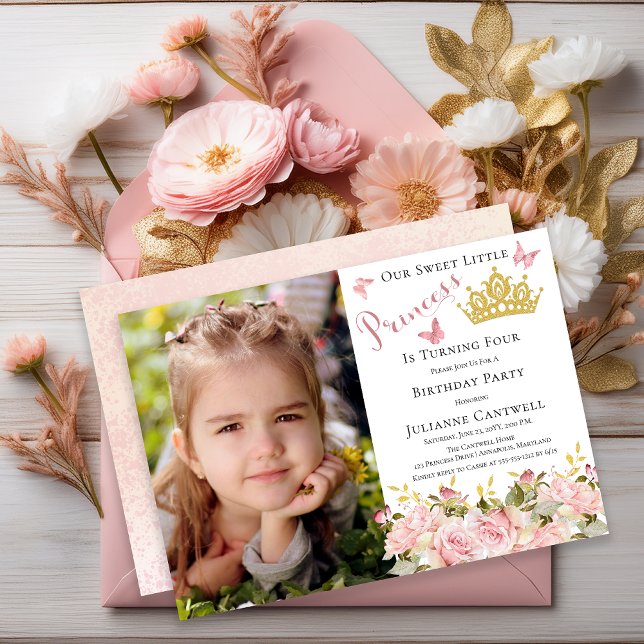 Convite Borboletas Princesa Floral Foto 4.º Aniversário (Butterflies Floral Princess Photo 4th Birthday Invitation - Print and/or Digital Download)