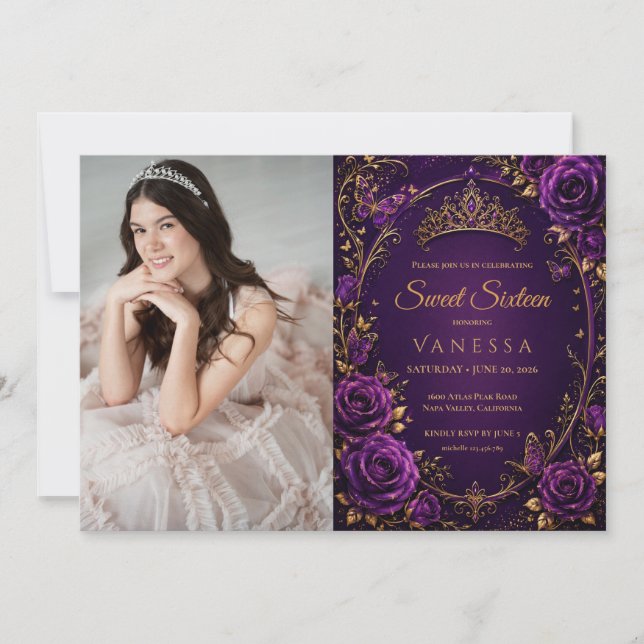Convite Borboletas princesa Foto roxa sweet 16 (Frente)