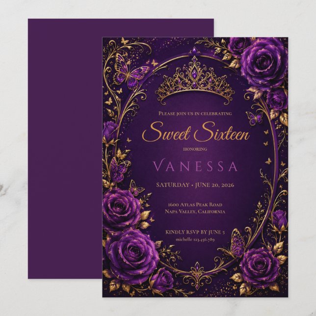 Convite Borboletas princesa roxas sweet 16 (Frente/Verso)