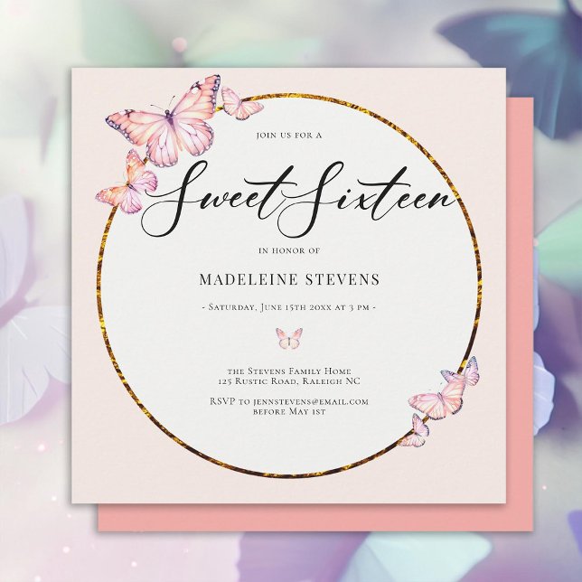 Convite Borboletas rosa Boho Frame Dourado Girly Sweet 16 (pink butterflies gold boho frame sweet sixteen birthday invitation girly trendy chic)