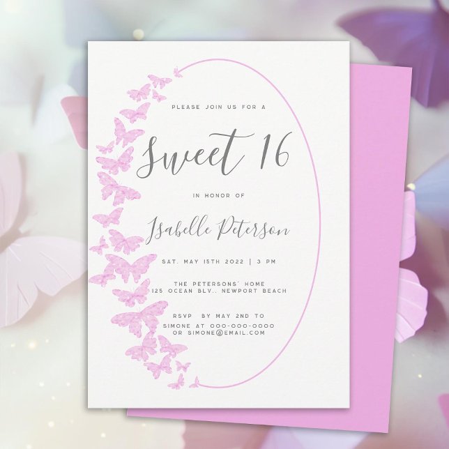 Convite Borboletas rosa Boho Frame Elegante Chic Sweet 16 (pink butterflies boho frame sweet 16 birthday party invitation sweet sixteen elegant trendy simple)