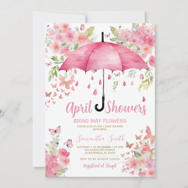 Convite Borboletas Rosa Chuvas de Abril trazem Flores de M (Frente)