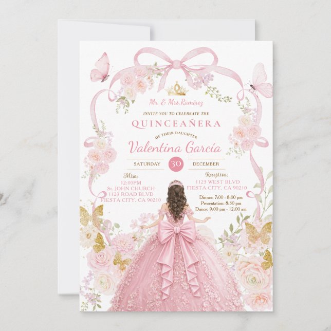 Convite Borboletas Rosa Coquette mis Quince Doce 16 (Frente)