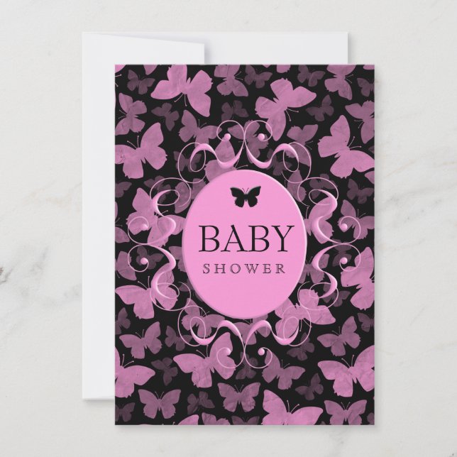 Convite Borboletas rosa em preto (Frente)