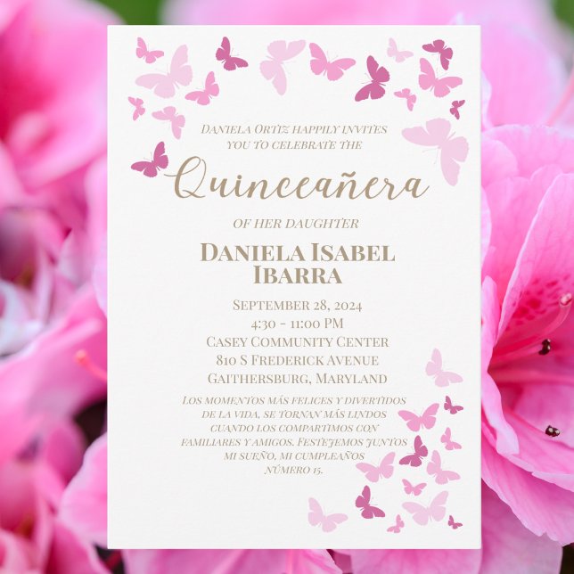 Convite Borboletas Rosa Quinceañera Dourado Personalizado (Criador carregado)