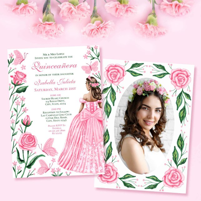 Convite Borboletas rosa-reluzentes Princesa Foto Quinceane (Blush Pink Butterflies Princess Photo Quinceanera Invitation)