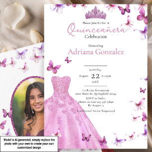 Convite Borboletas Rosa Vestido e Tiara Foto Quinceanera