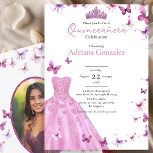 Convite Borboletas Rosa Vestido e Tiara Foto Quinceanera