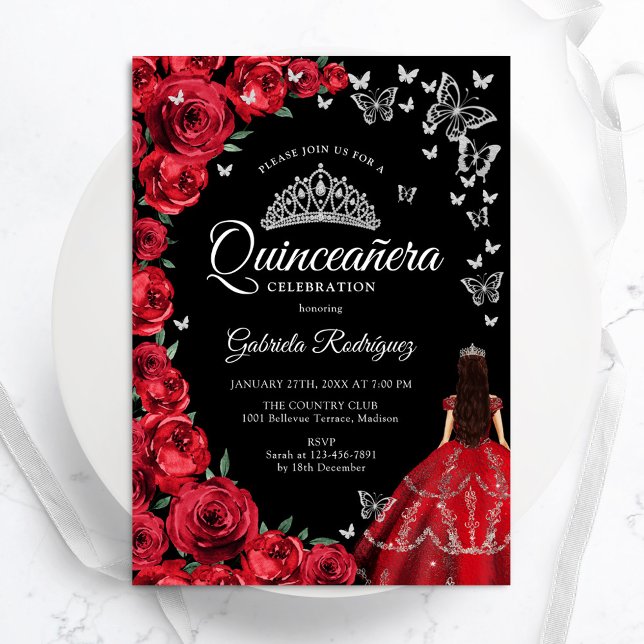 Convite Borboletas Rosas vermelhas negras Quinceanera (Criador carregado)