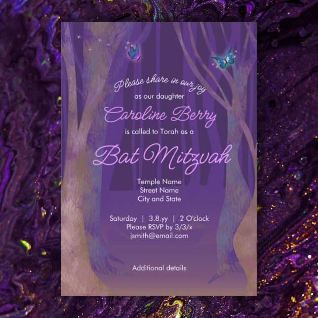 Convite Borboletas Roxas, Bat Matzvah, Floresta Encantada (purple bat mitzvah invitation with butterflies, sparkles, magical forest, fantasy)