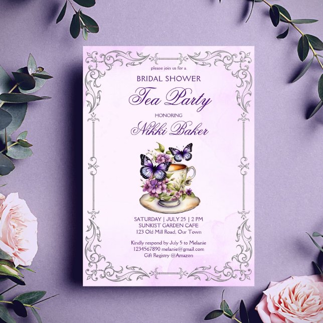 Convite Borboletas roxas Chá-brida vitoriana (Purple butterflies vintage silver border Victorian bridal shower tea party Invitation template)