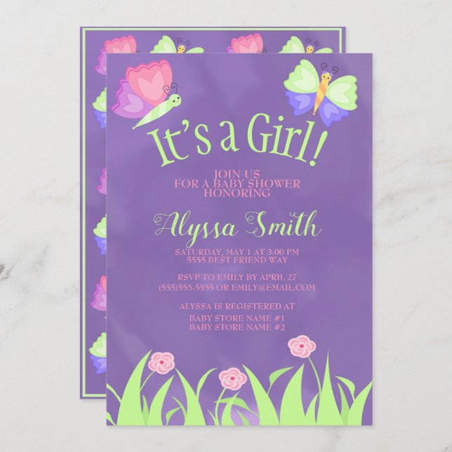 Convite Borboletas roxas cor-de-rosa Chá (Frente/Verso)