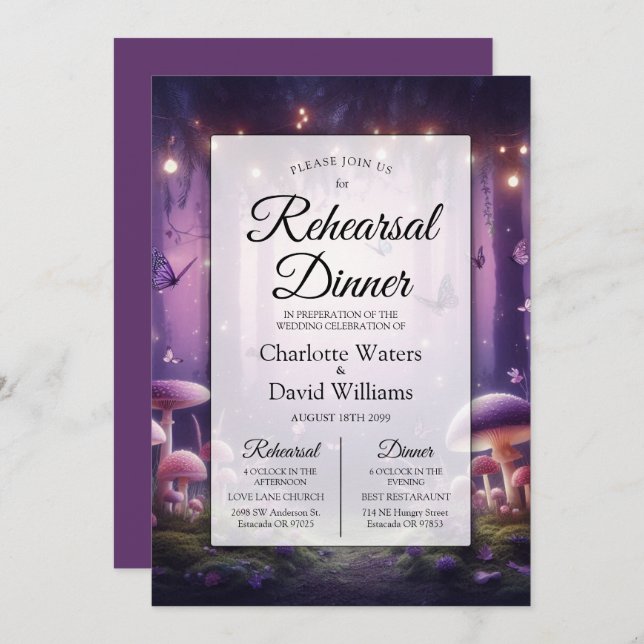 Convite Borboletas roxas dão frigideira Janto de ensaio (Frente/Verso)