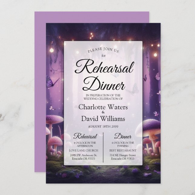 Convite Borboletas roxas dão frigideira Janto de ensaio (Frente/Verso)