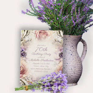 Convite Borboletas roxas de script cor-de-rosa 70 Anivers