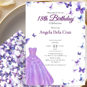Convite Borboletas Roxas E Vestido Debut de 18 Anos
