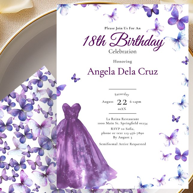 Convite Borboletas Roxas E Vestido Debut de 18 Anos (Criador carregado)